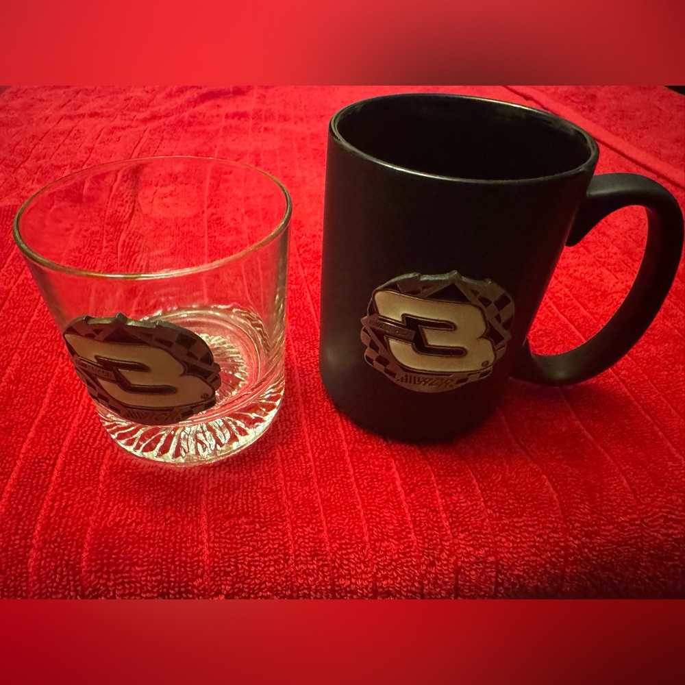 Dale Earnhardt coffee mug and  rock glass with metal logo.